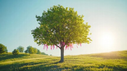 Leinwandbilder - Green tree adorned with pink ribbons in a sunlit meadow during a clear day. Generative AI