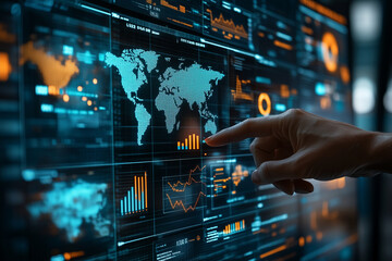 person interacting with digital world map and data analytics display, showcasing technology and info