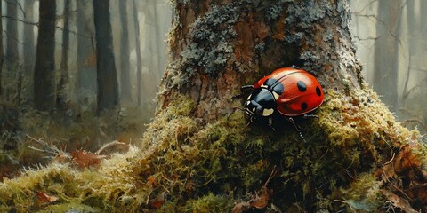 Sticker - Ladybug on mossy tree, misty forest background, nature scene, stock photo