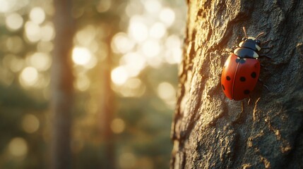 Sticker - Ladybug on tree bark, sunset forest background, nature serenity