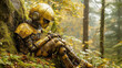 © imfotograf - Lonely robot resting against mossy tree in autumn forest with soft light