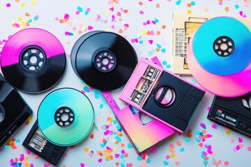 Aufkleber - Colorful vinyl records and cassettes scattered on a festive surface with confetti in a vibrant setting. Generative AI