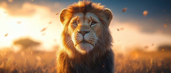 Poster - Majestic lion at sunset in African savanna. Wildlife photography for nature documentaries