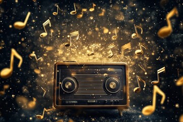 Poster - Classic radio surrounded by golden musical notes creating a lively atmosphere during a celebration of sound. Generative AI
