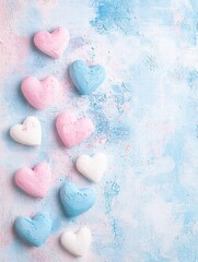 Poster - Colorful heart shaped decorations arranged on a pastel background for festive celebrations and events. Generative AI