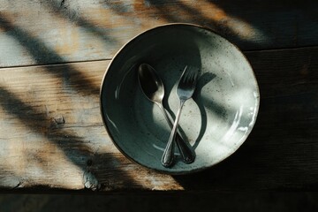 Aufkleber - Elegant dining setting with a rustic plate and utensils on a wooden table during afternoon light. Generative AI