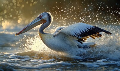 Poster - Pelican taking off, golden hour, water splash, wildlife