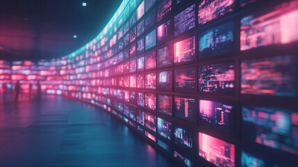 Futuristic concept of a giant multimedia wall featuring abstract digital screens with gradient lighting, minimal design and cutting-edge technology to showcase the future of digital communication and 