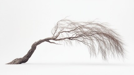 Poster - Windswept barren tree bending strongly in a storm, isolated against white background