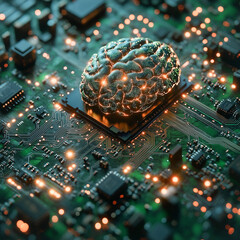 Wall Mural - brain of technology: a glowing brain model sits atop a circuit board, embodying the fusion of human 