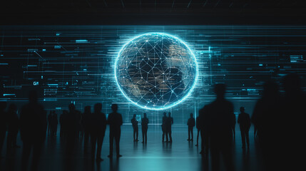 Sticker - Global Connection: Silhouetted individuals stand before a holographic representation of the globe, a vibrant display of interconnected networks and data streams, suggesting the dynamic of the world.