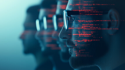 code identity: a sequence of faces, immersed in a world of binary code, symbolizes the complexity of