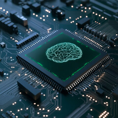 Wall Mural - digital brain: an integrated circuit with a glowing brain, representing artificial intelligence, dee