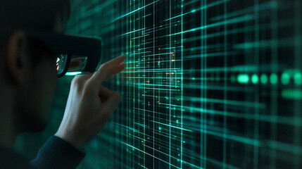 Wall Mural - exploring the digital frontier: a person's hand interacts with a futuristic, teal-toned digital inte