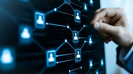 Wall Mural - digital network interaction: a human hand interacting with a network interface, highlighting interco