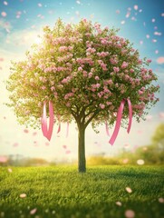 Aufkleber - Cherry blossom tree adorned with pink ribbons in a sunny park during springtime. Generative AI