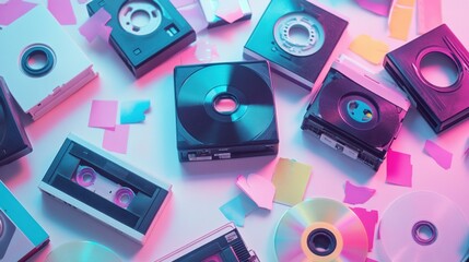 Aufkleber - Colorful collection of vintage audio and video media arranged with vibrant paper scraps on a white background. Generative AI