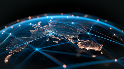 Wall Mural - global network: digital world map showcasing an intricate network of interconnected lines and glowin