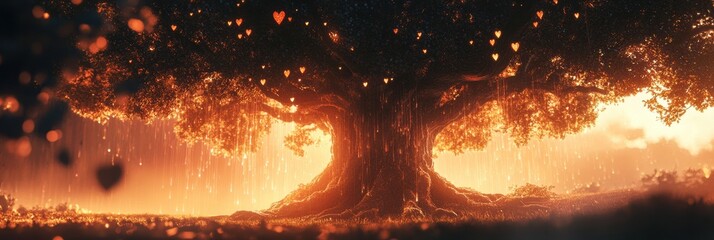 Poster - Majestic tree adorned with heart shaped leaves against a glowing sunset in a tranquil setting. Generative AI