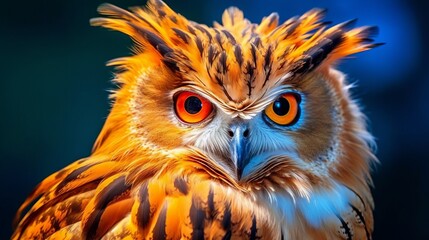 closeup of an owl sitting on a tree branch looking at the camera. wildlife image of a beautiful red 
