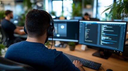 Programmer coding at desk, office background (1)
