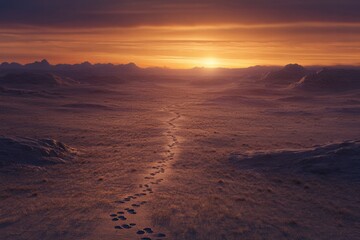 Aufkleber - Footprints leading through the vast desert landscape at sunset revealing a tranquil atmosphere and serene beauty. Generative AI