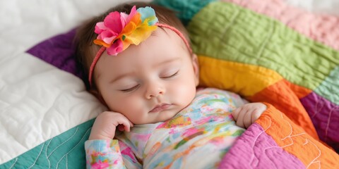 Sticker - A baby girl is sleeping on a bed with a colorful quilt. She has a flower headband on her head