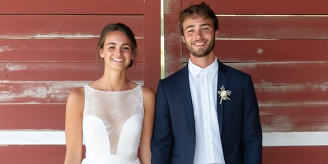 Sticker - A bride and groom are posing for a picture in front of a red barn. The bride is wearing a white dress and the groom is wearing a blue suit. They both have smiles on their faces