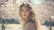 © hao - Young woman with long curly blonde hair standing in a field of blooming sakura trees, surrounded by soft natural light, evoking the beauty and tranquility of spring.