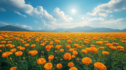 Sticker - Sunny Marigold Field, Mountain View, Nature