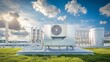 © neiros - The rooftop of a massive factory building is equipped with a large industrial cooling tower and a water chiller air conditioning unit to ensure efficient air system control and ventilation