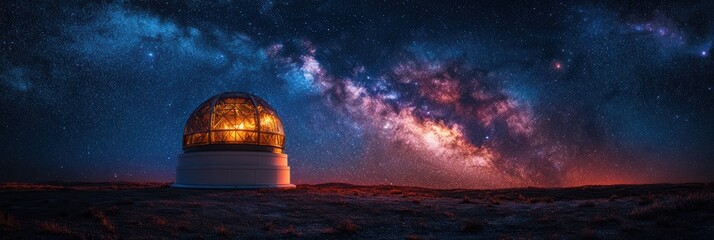 Wall Mural - Illuminated observatory under a vibrant starry sky with a view of the Milky Way