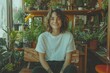 © neiros - A transgender Gen Z office worker, dressed in smart casual attire, sits comfortably on a bench in a modern workplace setting, conveying a sense of inclusivity