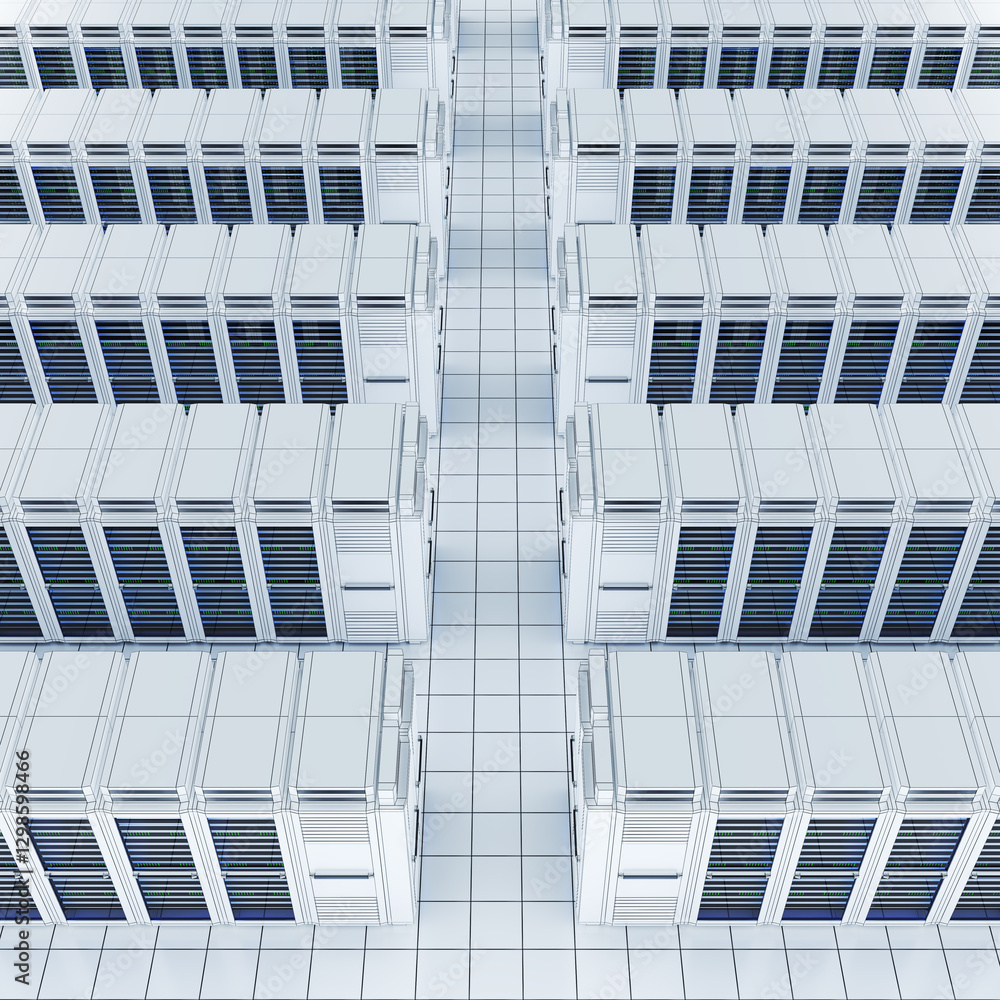 Top view of rows of server racks and aisle between them in data center ...