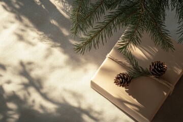 Aufkleber - Rustic brown gift wrapped with twine and pinecones nestled among green pine branches in warm light. Generative AI