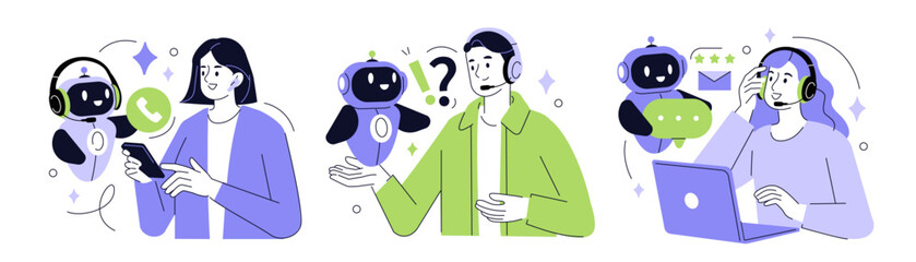 Wall Mural - helpdesk set. characters using artificial intelligence generative tools for communication. call cent