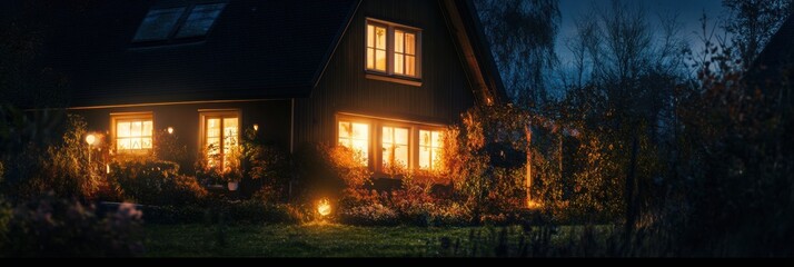 Poster - Cozy wooden house illuminated by warm lights in a tranquil garden during a serene night setting. Generative AI