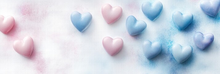 Poster - Colorful heart shapes scattered on a soft textured surface for creative decoration or celebration. Generative AI