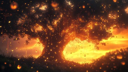 Aufkleber - Majestic tree adorned with glowing orbs against a vibrant sunset sky. Generative AI