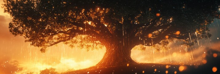 Fototapete - Golden light shines through a majestic tree during a rainfall at sunset in a tranquil landscape setting. Generative AI