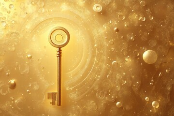 Fototapete - Golden key surrounded by shimmering bubbles and light effects in a dreamy atmosphere. Generative AI