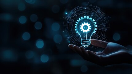 Wall Mural - hand presenting glowing light bulb with gear icon representing innovation, creativity, technology, a