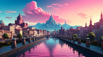 Wall Mural - canal city sunset, pink clouds, mountain backdrop, fantasy landscape