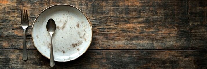 Aufkleber - Empty dish and utensils on rustic wooden table after a meal in a cozy dining setting. Generative AI