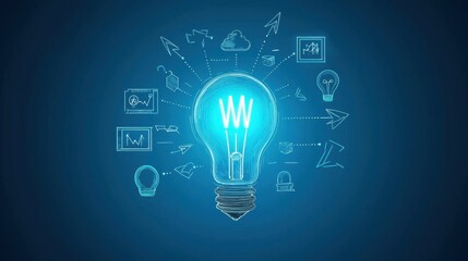 Wall Mural - bright blue light bulb glowing with creative ideas and digital icons representing innovation, techno