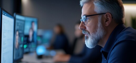 Mature programmer coding late at night, office background