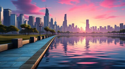 Wall Mural - cityscape sunrise, park promenade reflecting vibrant sky