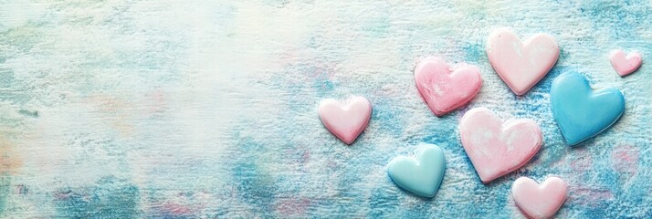 Poster - Colorful heart shapes arranged creatively on a pastel background with artistic texture and softness. Generative AI