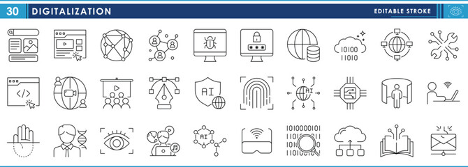 A set of line icons related to Digitalization. Digital, technology, network, binary, circuit, and so on. Vector editable stroke.