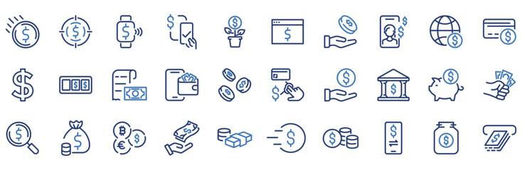 Dollar blue web line icon set. Set of 30 outline icons related to money, dollar, wallet, payment, earnings, bank, currency, fund, business, income and others. Editable stroke. Vector illustration.